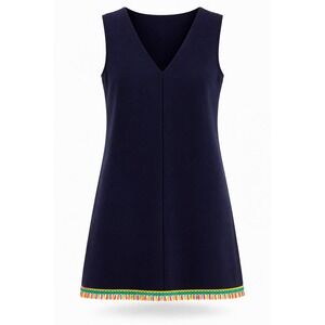 Buckley K Navy Blue V-Neck Shift Dress with Multi-Color Fringe Trim XS‎
